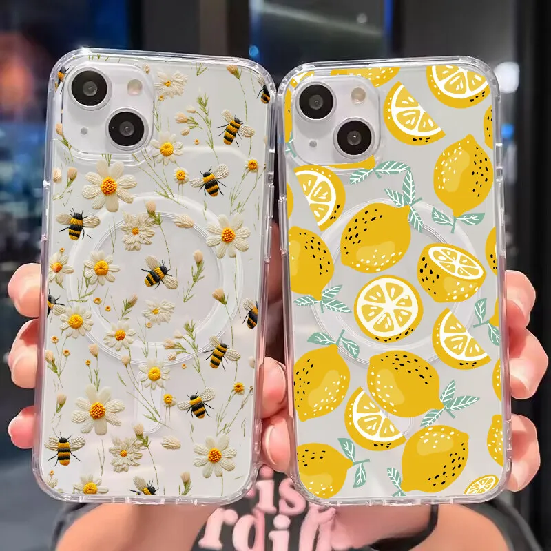Summer Fruit Lemon Wireless Charger Phone Case with Floral Design