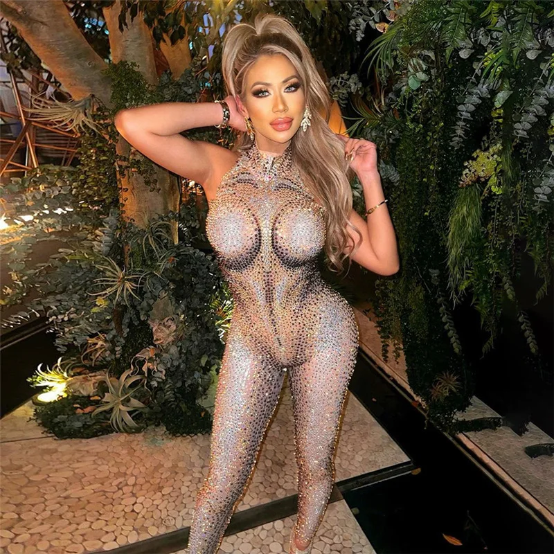 

Luxury Diamonds Sexy Printing Jumpsuit Celebrate Evening Party Performance Costume Nightclub Bar Singer Dancer Stage Wear