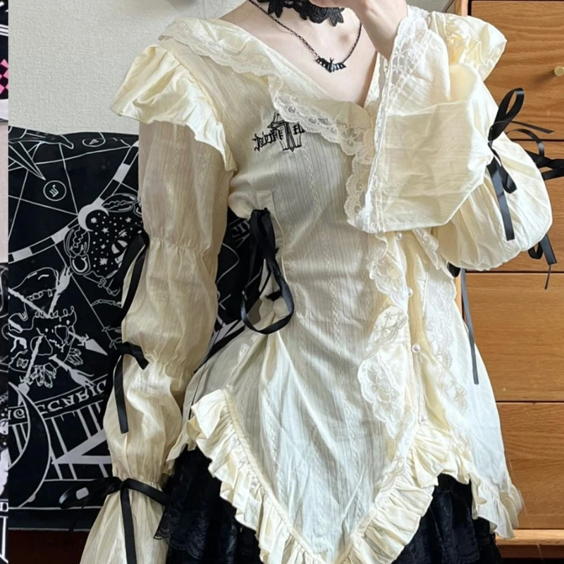 

Punk Gothic Y2k Clothes V Neck Puff Sleeve Ruffles Irregular Bandage Blouses Aesthetics Harajuku Vintage Female Slim Women Shirt
