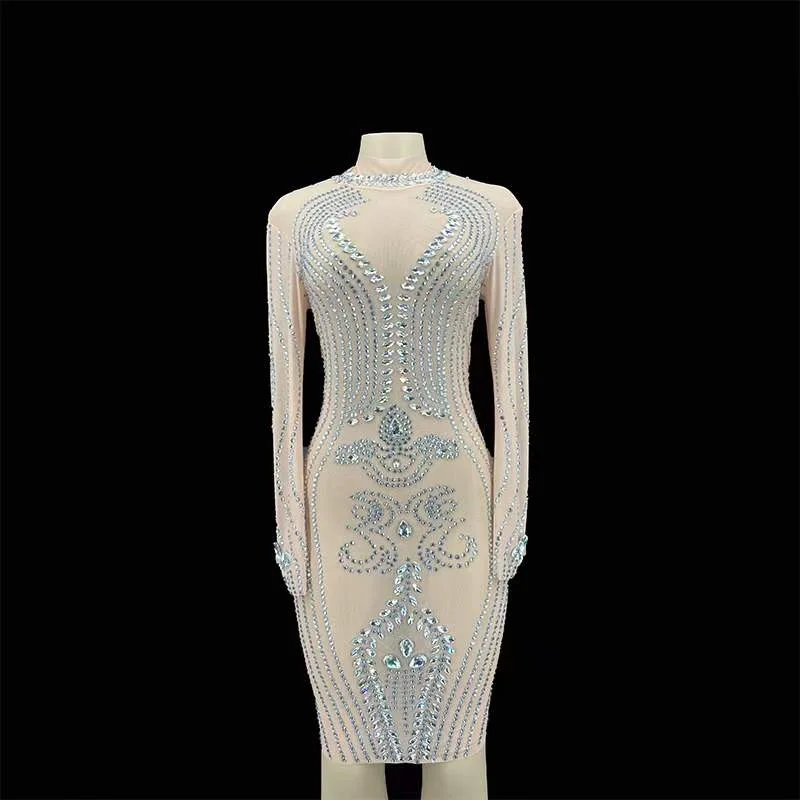 

Nude Shining Crystal Rhinestones Sexy Women Sheath Dress Evening Party Celebrate Club Cloth Prom Stage Singer Costumes