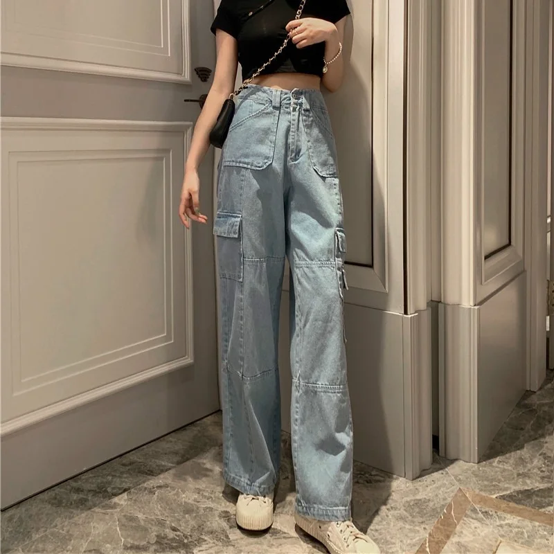 Blue All-match Jeans Woman Casual High Waisted Straight Slim Vintage Wide Leg Denim Pants with Pocket Cargo Pants Office Lady streetwear cargo pants spring summer casual high waist wide leg pants lady high street pocket long straight cargo trousers