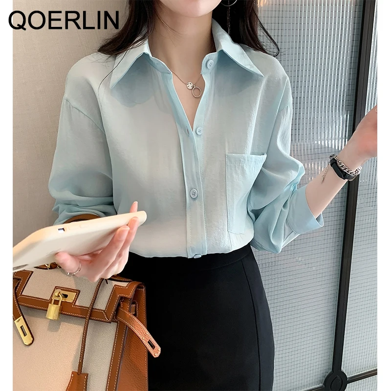 QOERLIN S-4XL Pocket Shirts Women Spring Summer 2022 New Korean Fashion Loose Casual Blouse Big Size Blue Tops Office Ladies blouses lace splicing hollow out blouse in blue size s