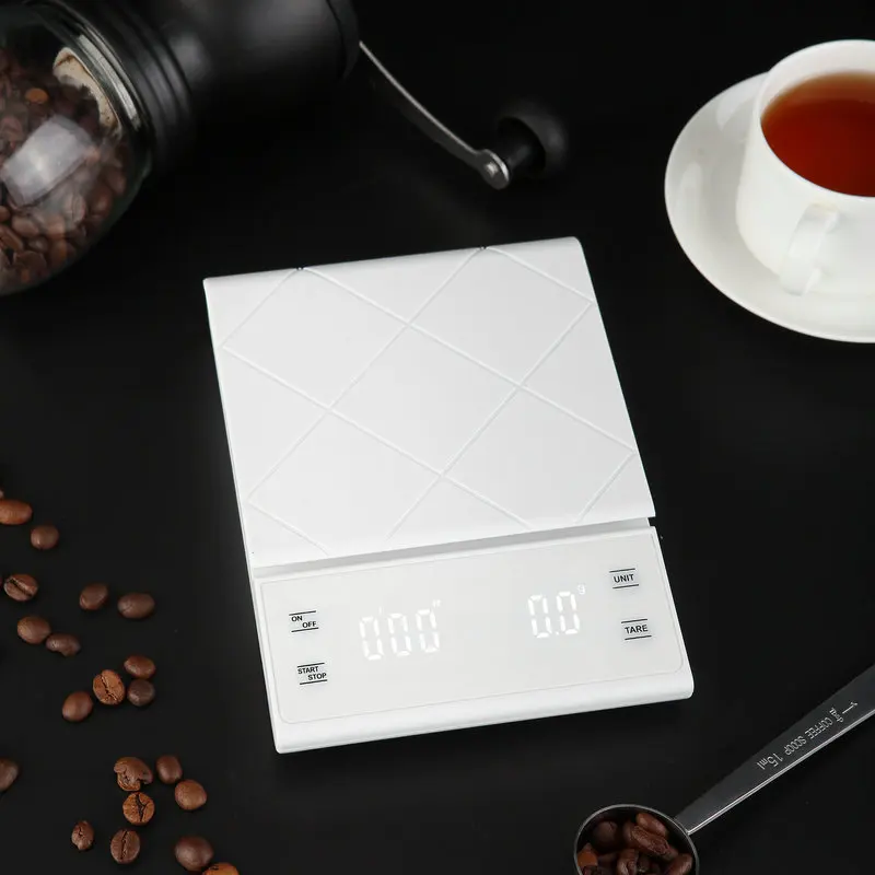 커피저울, 타이머 기능, 디지털 디스플레이, 최대 계량 3kg, 정확도 0.1g 식품 주방저울 그램 중량 소형 저울