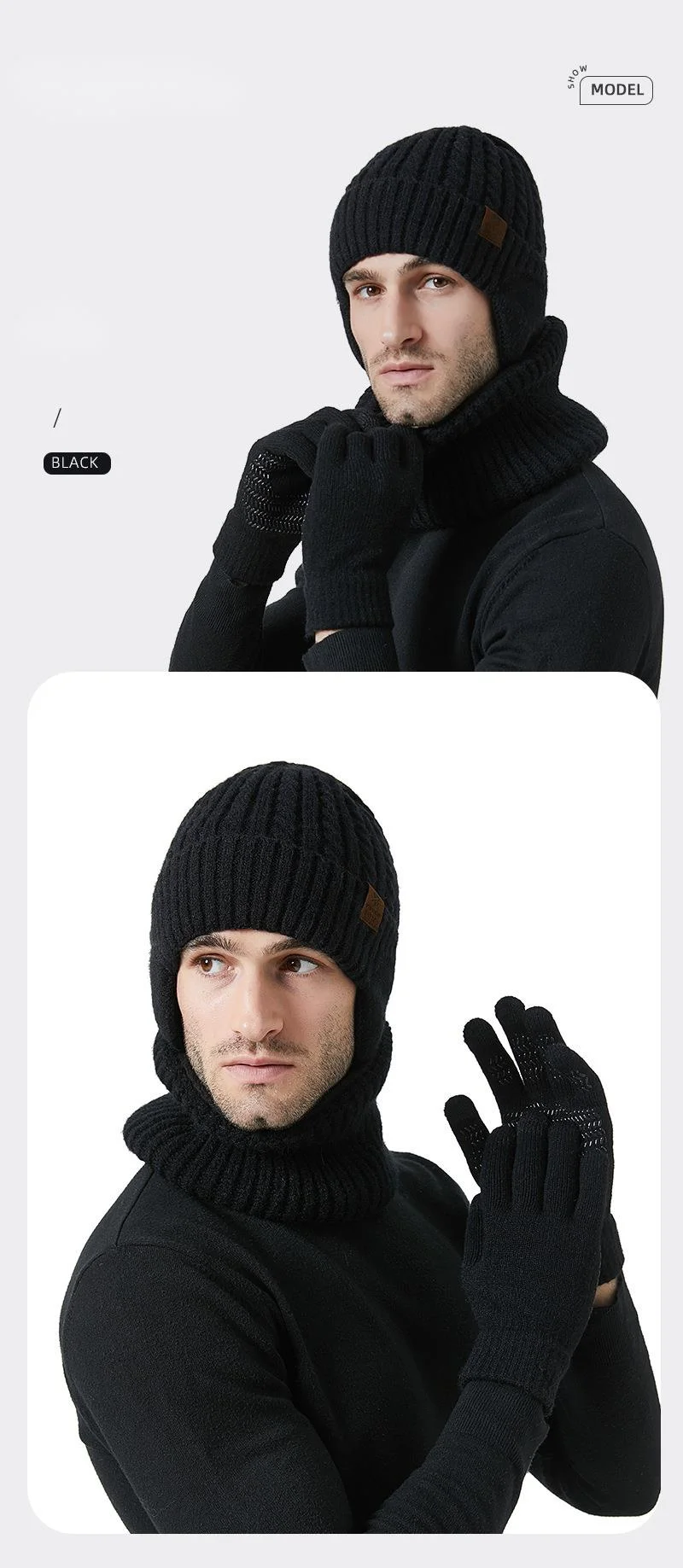 Nouveau bonnet tricoté en velours pour protection des oreilles, écharpe, gants pour écran tactile, combinaison chaude, bonnet en laine chaud d'extérieur pour hommes_voghion.com