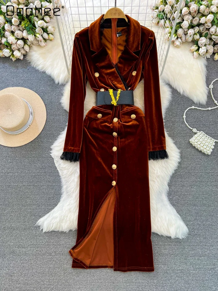 

Luxury Long Sleeve Slim Waist Midi Split Velvet Dress Women High-End Business Temperament Woman Suit Collar Mid-length Dresses