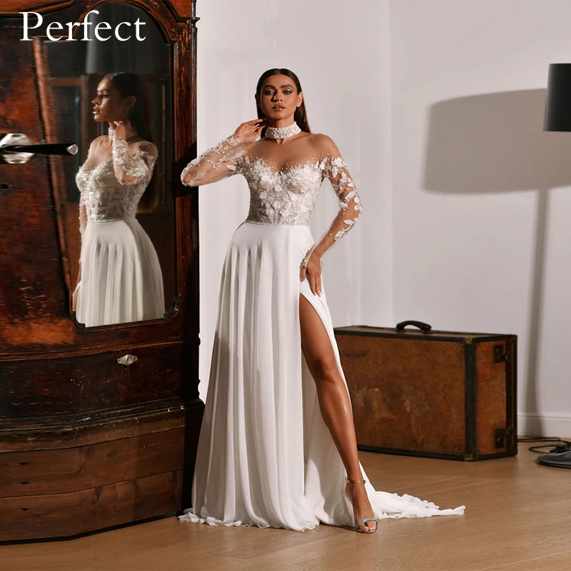 

Perfect Chiffon Elegant A Line Appliques Wedding Dress O Neck Long Sleeve Lace Up Back Sequined Sexy High Split Robe De Mariee