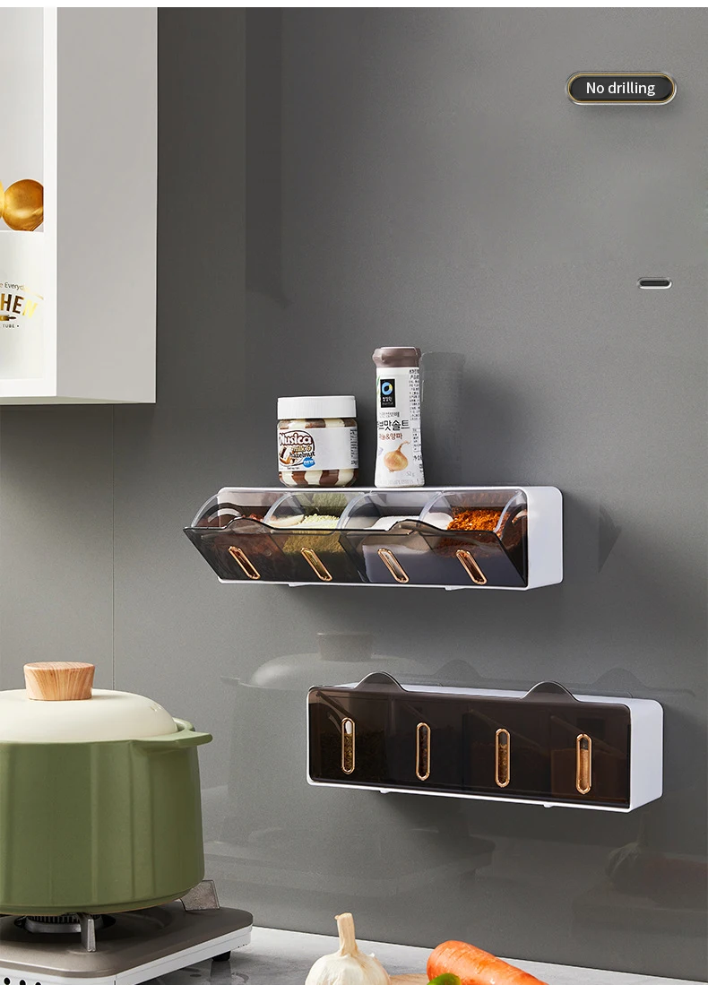 Wall Mounted Spice Container Stackable Drawer 4 Condiment Box Salt Pepper Storage Hodler Kitchen Organizer With Hooks