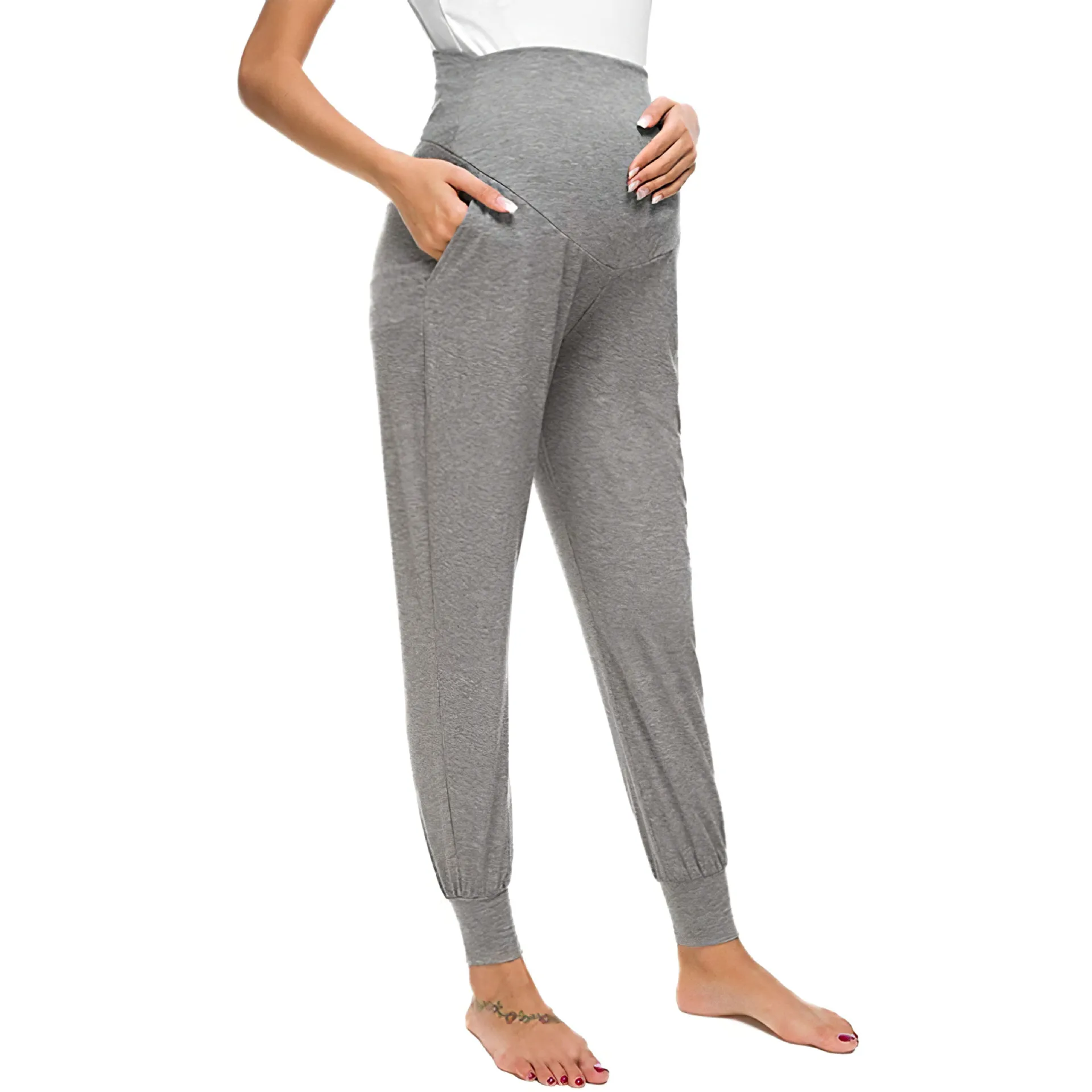 Spring Maternity Women's Casual Pants Premama Solid High Waist Strechy Lounge Trousers For Pregnant Women Joggers With Pockets 2