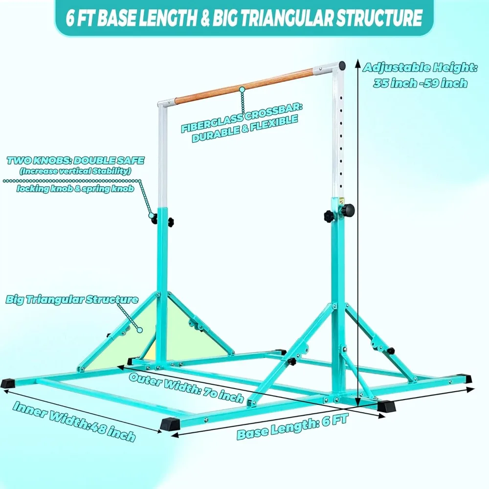 Gymnastic pole for children and teens ages 3-25, 5ft/6ft body length, 5ft/6ft height, Teal (Bar with Mat-6Ft Base)