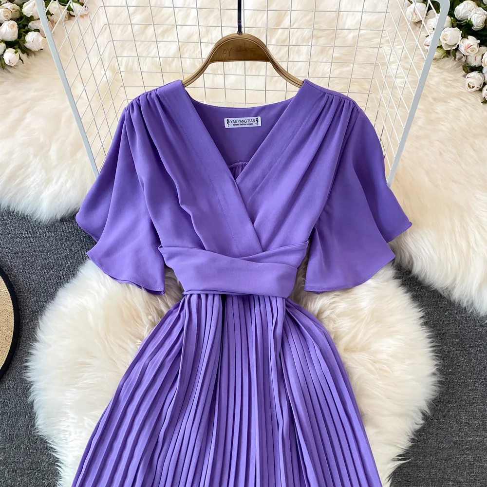 Women Elegant Pleated Dress Summer Short Sleeve V-neck Vintage Dresses Ladies A Line High Waisted Midi Dress