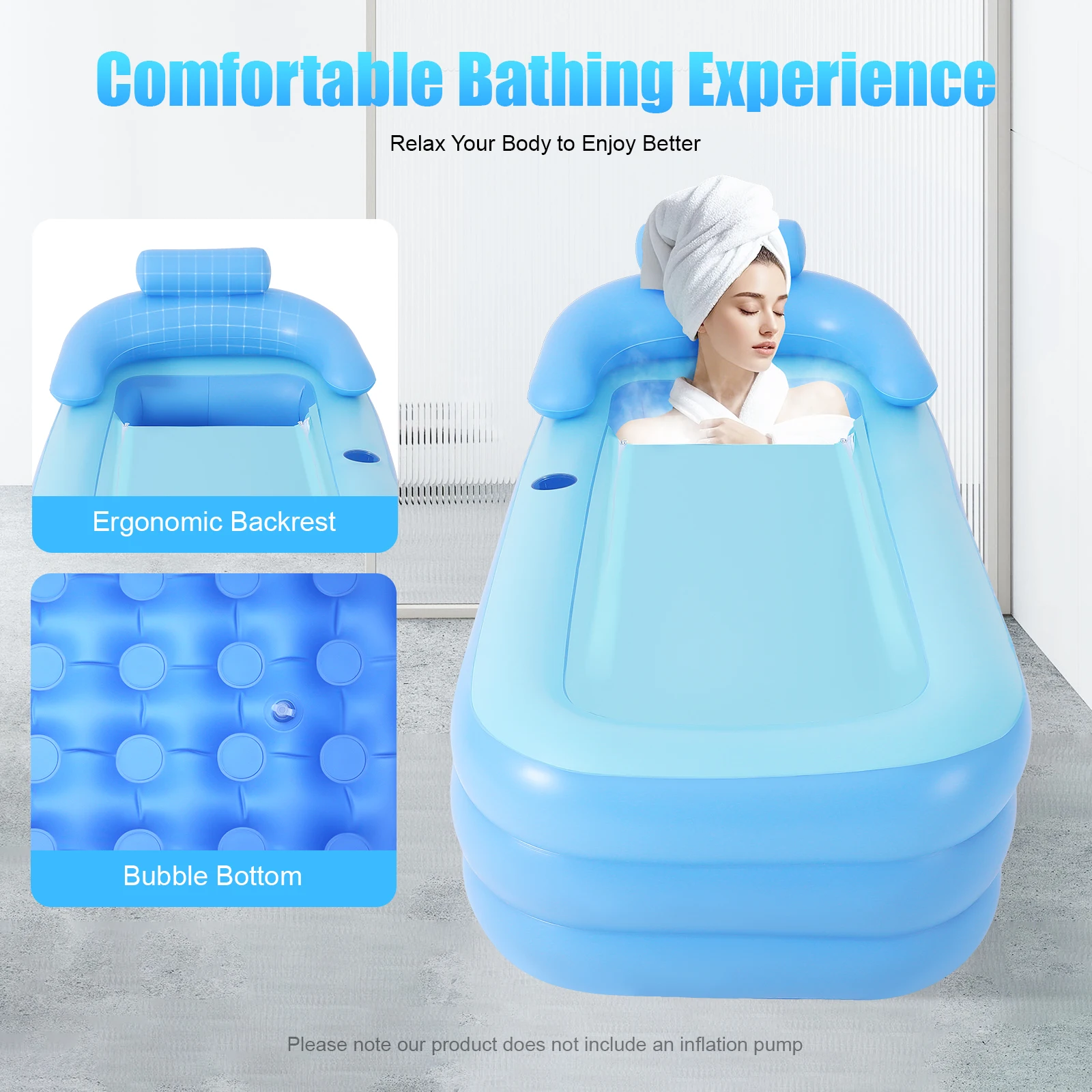 Portable Inflatable Bathtub Foldable Soaking Tub with Ergonomic Backrest Zipper Lid Thickened PVC for Home Apartment Backyard