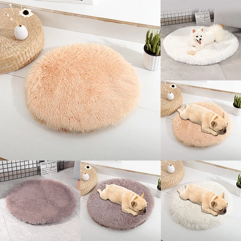 Round Cat Bed Puppy Soft Plush Bed House Kennel Pet Mats Soft Long Plush Mat Pet Warm Basket Cushion Machine Wash Kennel
