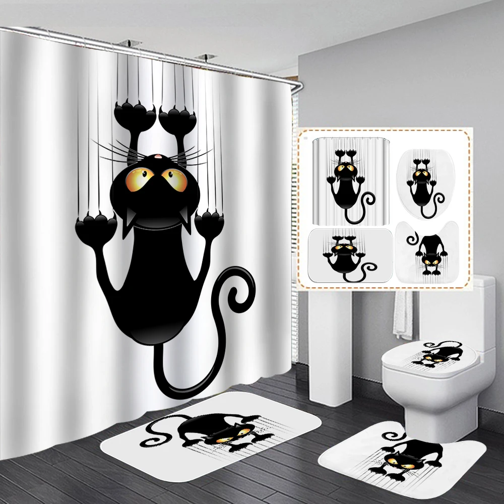 

Funny Cat 3d Bathroom Curtains Fabric Shower Curtain Set Bath Mats Rugs Toilet Lid Cover Pedestal Anti-slip Carpet Home Decor