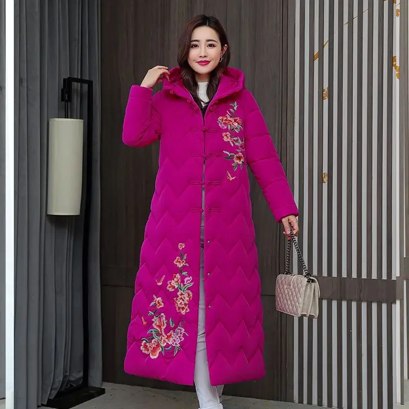

Oversized Embroidery Long Thickened Parka Retro Button Cotton Jacket Women Winter Fashion Snow Wear Coats Women Outwear Clothing