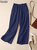 ZANZEA-Summer Women Pants Cotton Linen Elastic Waist Wide-Leg Trousers Casual Lightweight Solid Palazzo Pantalones Woman Bottoms - Image 3