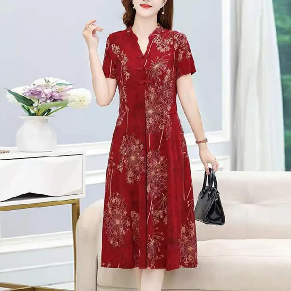 

Women Summer Dress V Neck Long Sleeve Chinese Style Short Sleeves Printed A-line Pleated Pockets Knee Length Mid-aged Women Mot