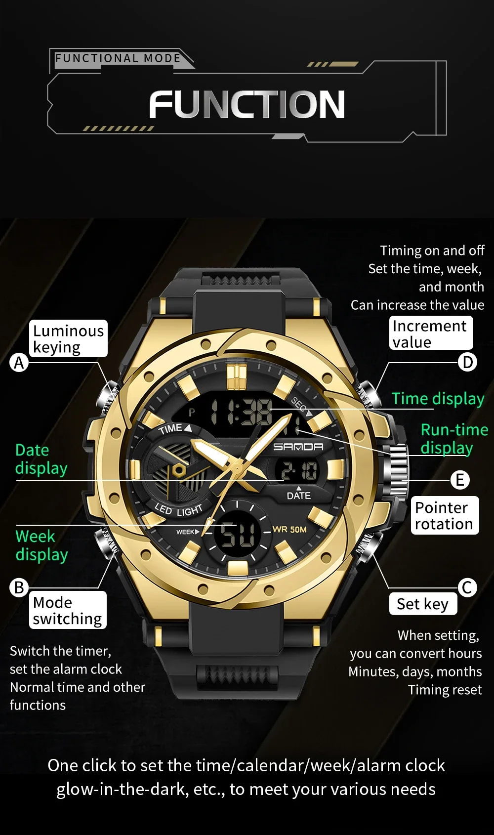 Men's Multifunctional Outdoor Waterproof Electronic Watch Digital Wristwatches SANDA 3313 Student Fashion Trend Military Style