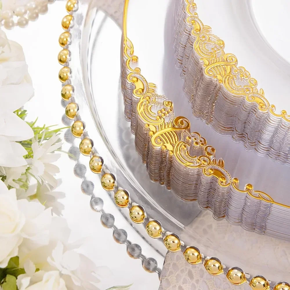 350 Clear Gold Plastic Plates, Clear Disposable Plates with Gold Rim, Party Plastic Tableware Set, Suitable for 50 Guests