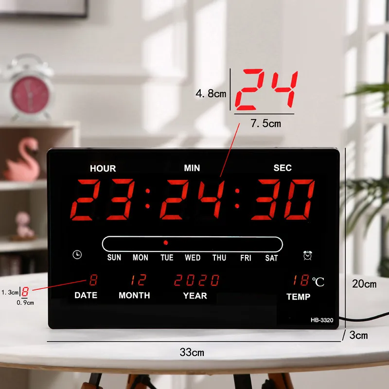 32x20x3CM Large Digital Wall Clock Alarm Hourly Chime Function Table Clock Calendar Temperature Electronic LED Clocks with Plug 