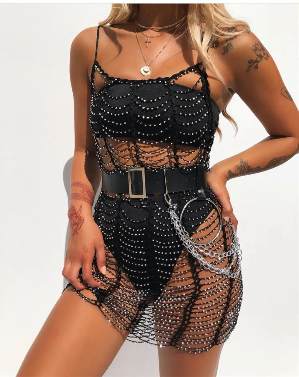 

Handmade White Black Rhinestone Woven Halter Dress Summer Kknitting Sheer Rivet Hollow Out Bodycon Ladies Beach Vestidos Dresses