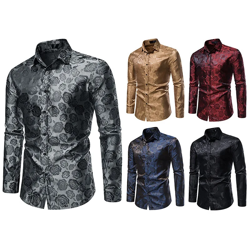 

Shirts for Men Streetwear Foreign Trade Long Sleeves Fashion Rose Printing Leisure Buttons Slim Fit Formal Wear Breathable Trend