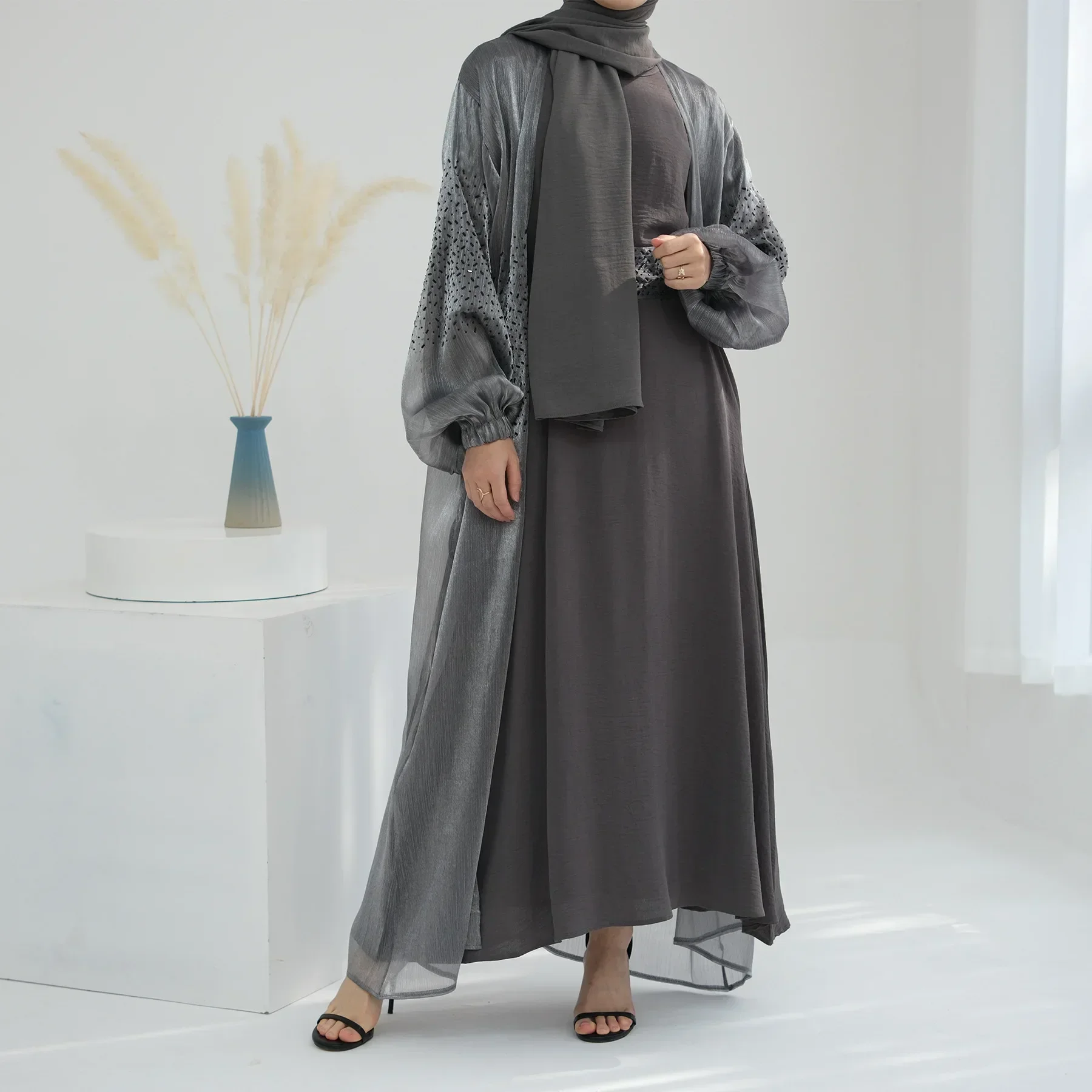 Ramadan Open Abaya Kimono Dubai Turkey 2 Piece Set Muslim Hijab Dress Islam Robe African Dresses for Women Morocco Outfit Kaftan
