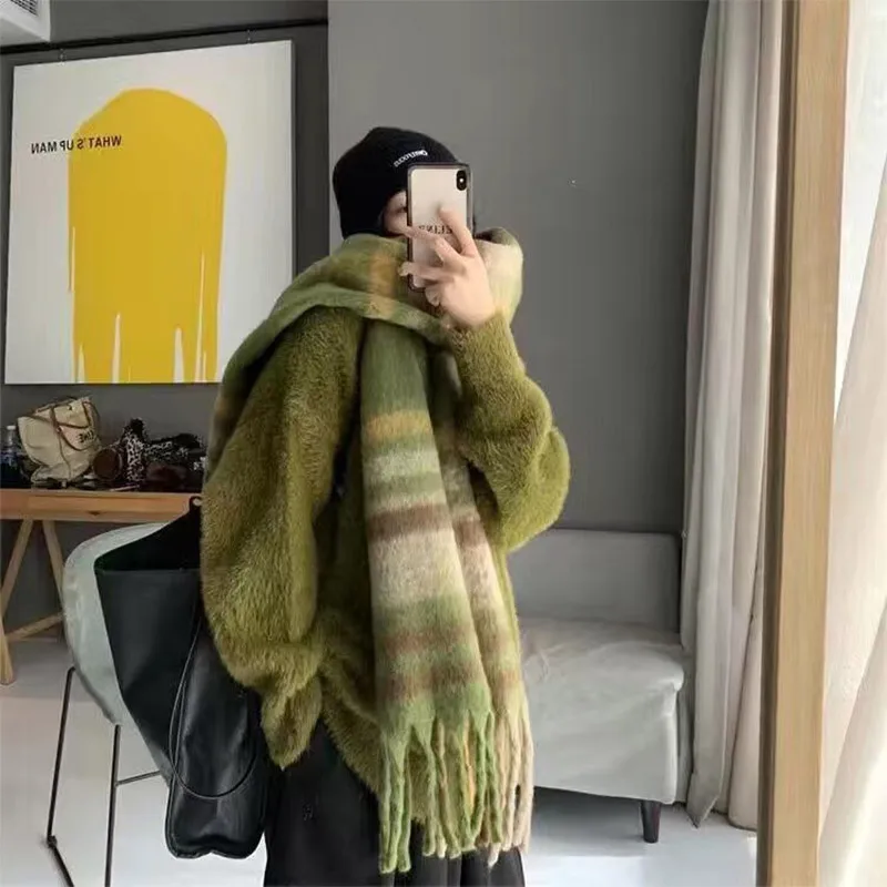 Winter Warm Plaid Fringe Schal Frauen Vintage Verdicken Farbe Schal Paar Ins Koreanische Veet Marke Schals Herbst Im Freien_voghion.com