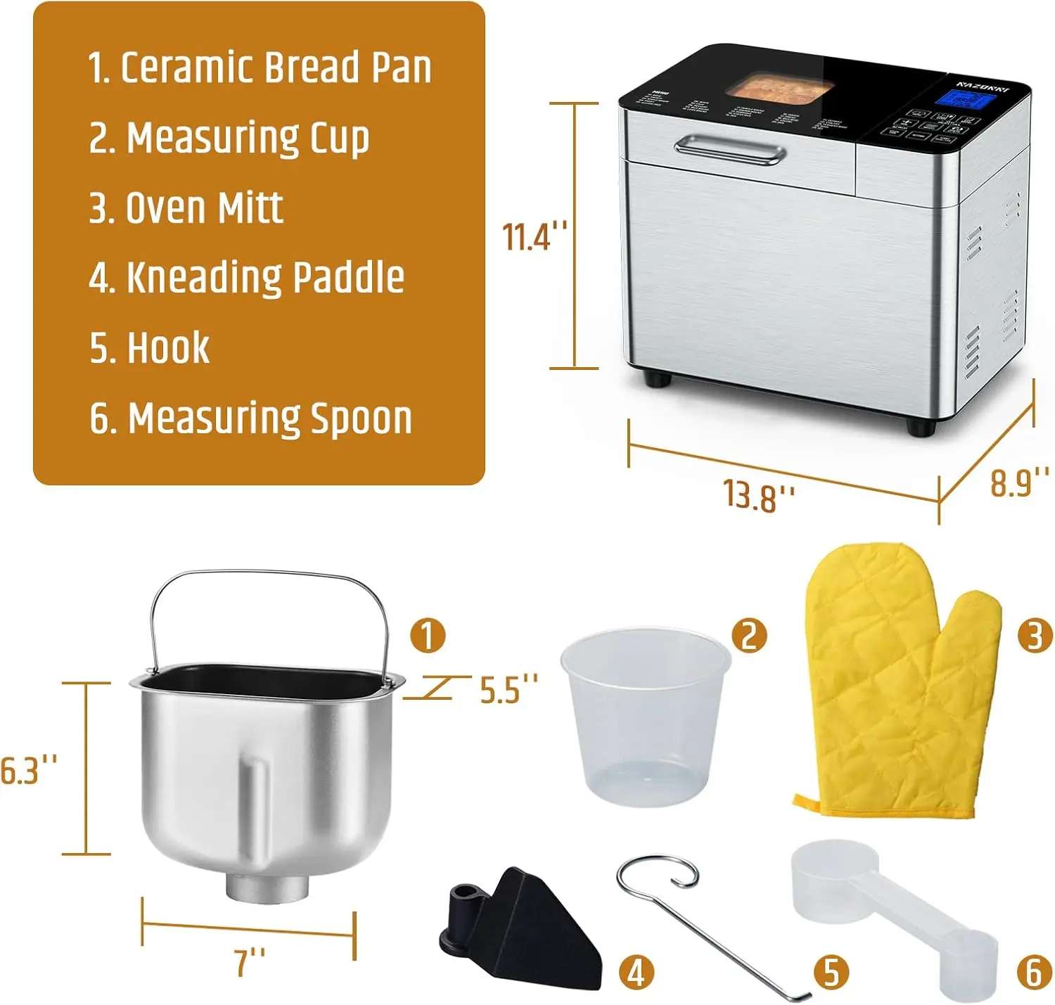 Bread Maker Machine Stainless Steel UL Certified, Nonstick Bread Pan, Homemade 2Lbs Breadmaker, Gluten-Free Setting, 6