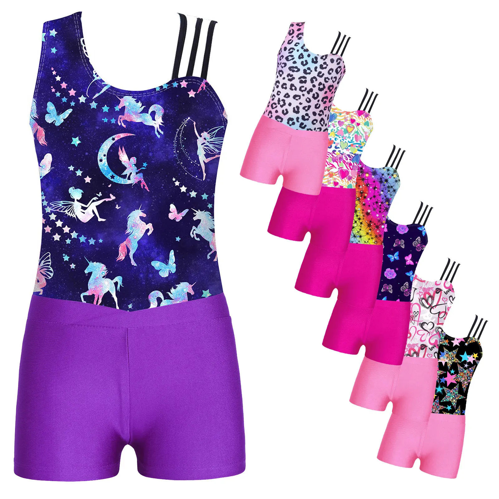 

Children Ballet Gymnastics Outfits Kids Printed Tutu Leotard with Shorts Gymnastics Jumpsuit for Girl Figure Skating Bodysuit