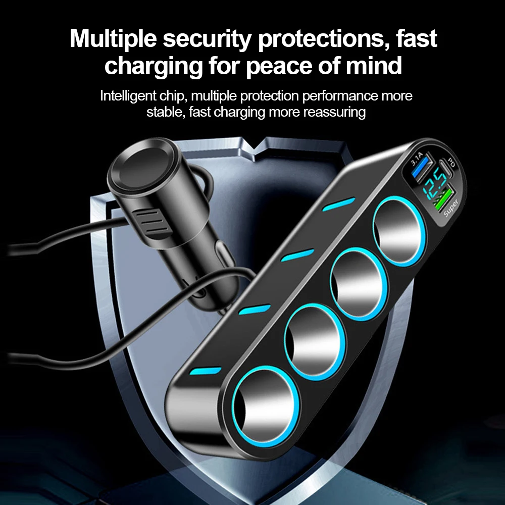 165 W Auto-Zigarettenanzünder-Splitter, 7-in-1-Auto-Schnellladegerät PD30W QC3.0, USB-Ladegerät, Adapterbuchse mit LED-Spannungsanzeige – Detail 6