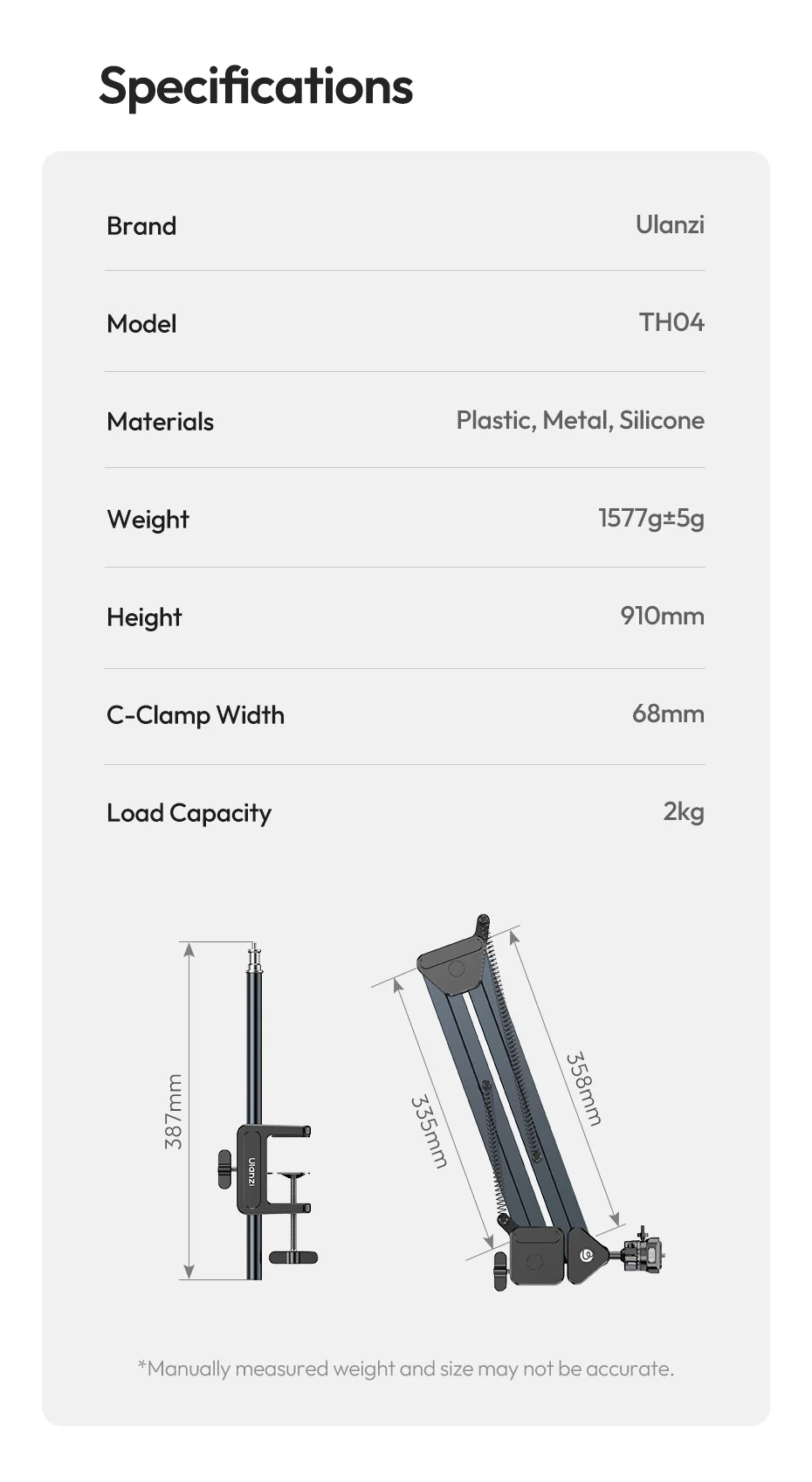 Overhead Camera Mount Microphone Stand Detachable C-clamp 2KG Load for Camera Mi