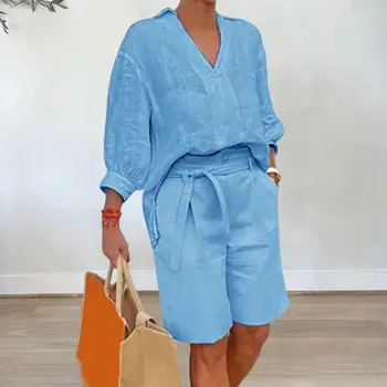 Women's Cotton Linen Two Piece Outfit Casual V-Neck Half Sleeve Lapel Shirt And Belted Wide Leg Shorts Summer Lounge Set 1