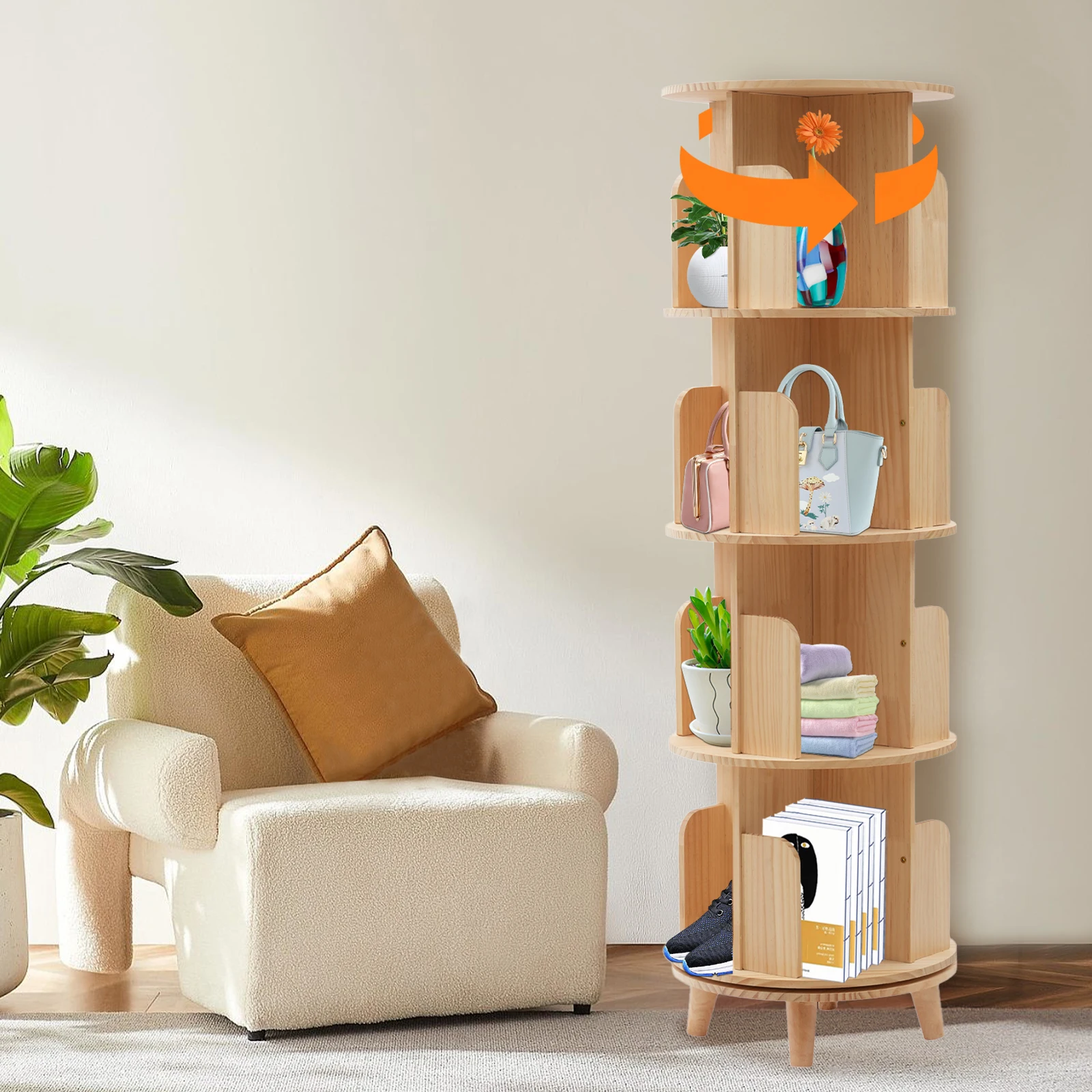 

4-Tier Rotating Bookshelf 360 Display Free Standing Bookcase Storage RackMulti-Functional Bookshelf Organizer