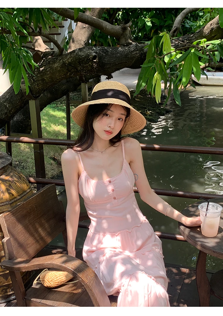French Elegant Dresses for Women Solid Spaghetti Strap Summer New Ruffles A-line Casual Korean Chic Midi Vestidos Mujer
