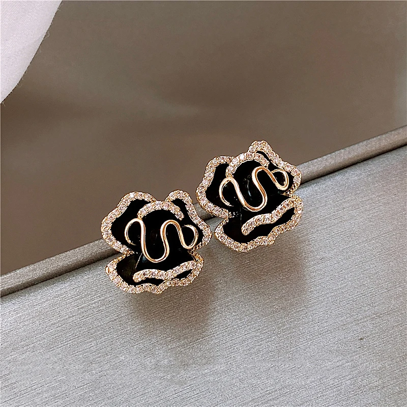 2025 neue Luxus Micro Set Zirkon Schwarz Kamelie Blume Ohrringe für Frauen Koreanische Mode Schmuck Party Exquisite Zubehör – Detail 2