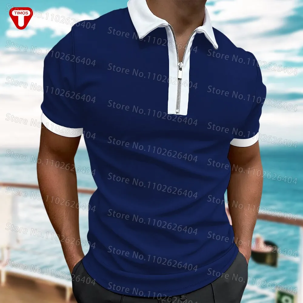 

Solid Color Printed Polo Shirt Shirt Men's Simple Lapel Zipper Color Contrast Short Sleeve T-Shirt Business Casual Shirt