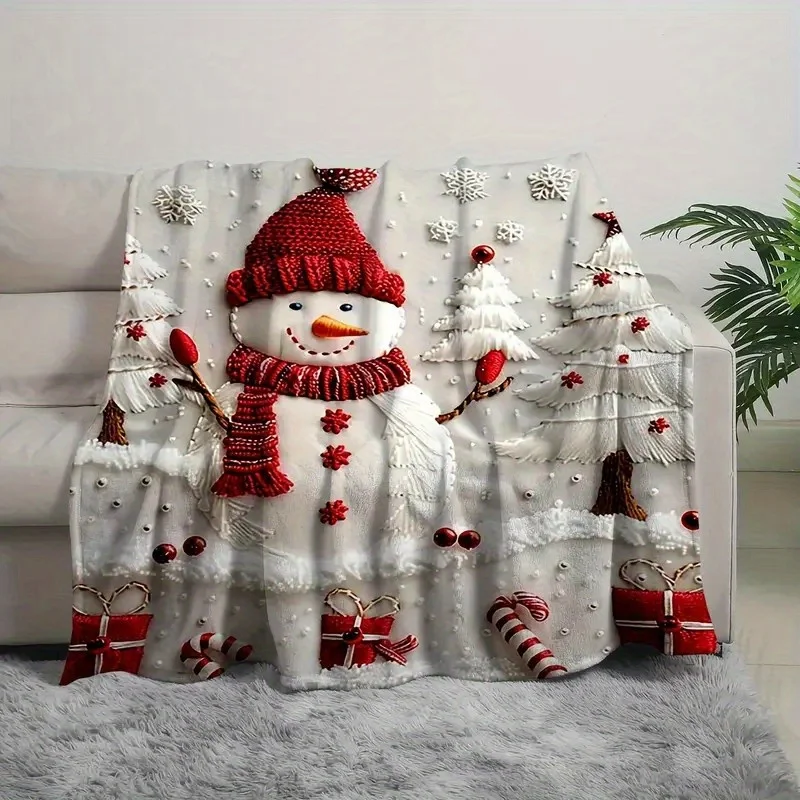 1pc Christmas Snowman & Tree Pattern Flannel Blanket , All-Season Use, Holiday Decor,Festive Design,Plush Texture,Christmas