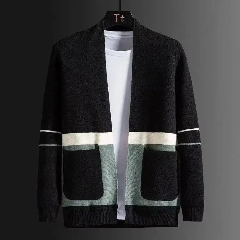 Autumn Winter New Temperament Versatile Fashion Men's Clothing Splice Pockets V-neck Long Sleeve Oversize Solid Color Sweater