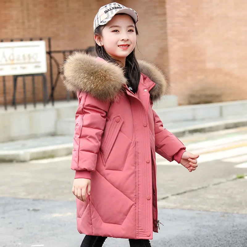 

2024 Winter -30 Degree Kids Girls Parka Hoddie Patched Real Fur Long Down Jacket Warm Thick Windproof Children Girls Cotton Coat