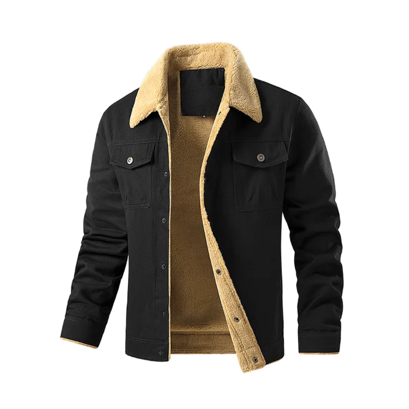 Men's Jackets Winter Faux Shearling Lined Windproof Warm Coat Black Buttoned Parka Pockets Comfortable Casual Tops US Size