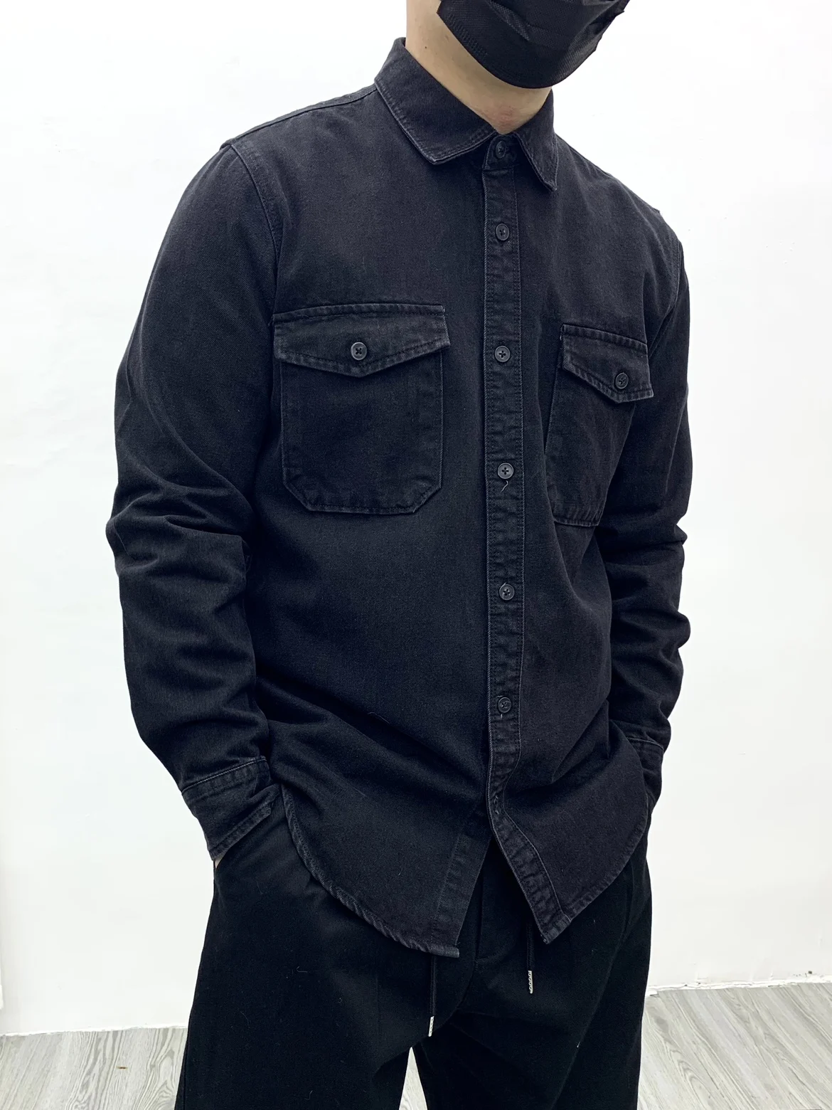 May Khaki heavy denim shirt men loose cargo American casual black long-sleeved shirt coat