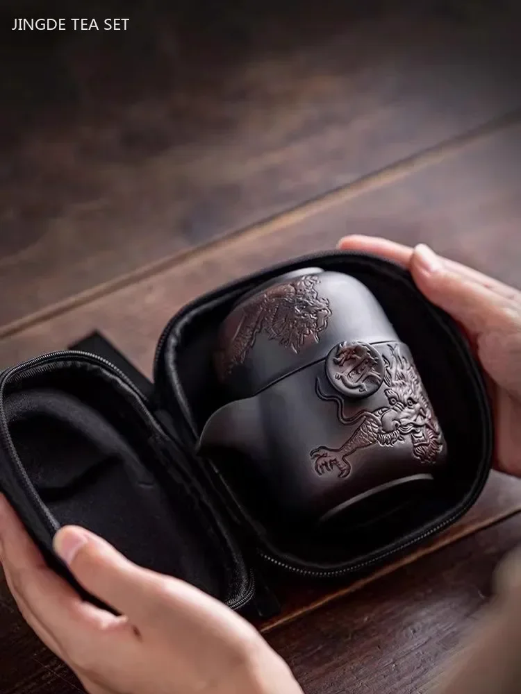 Purple Pottery Dragon Gaiwan Teacup Set Portable Tea Set Outdoor Travel Tea Infuser Retro Teapot and Cup Set Exquisite Teaware