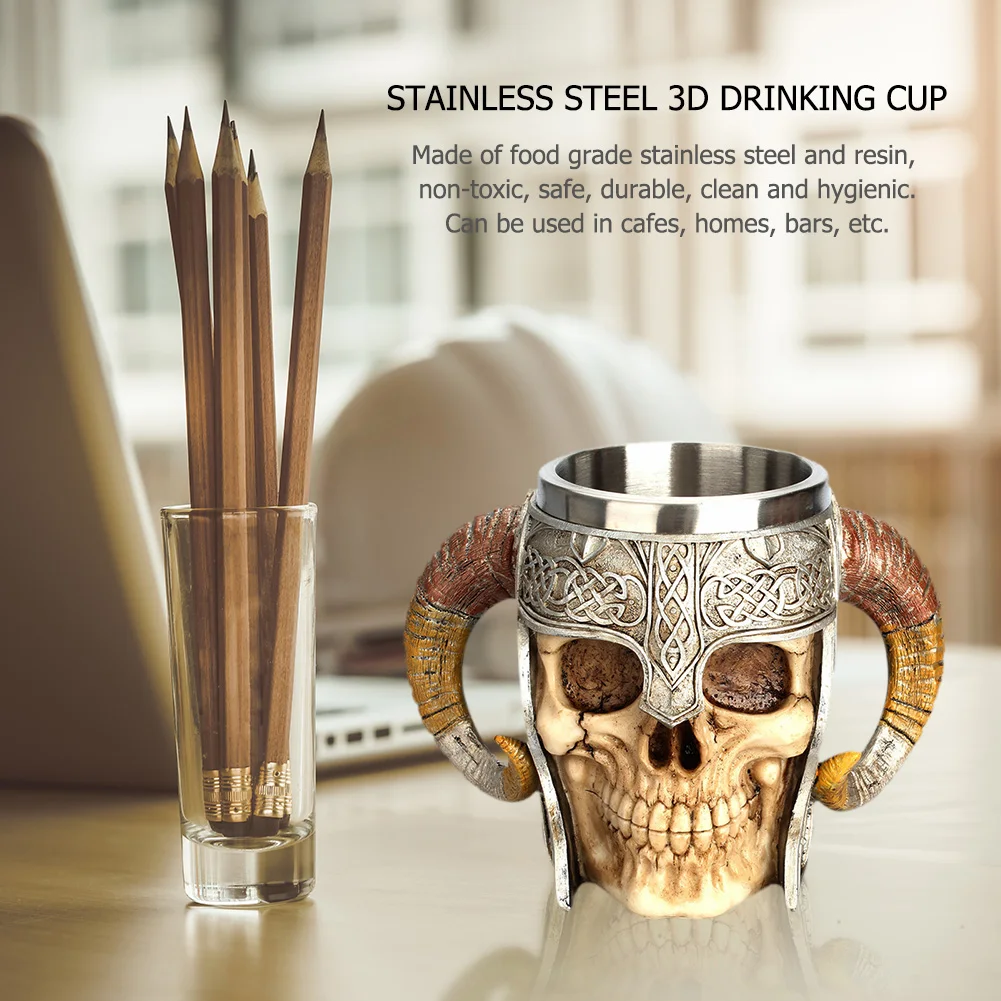 Creative 3D Skull Mug Viking Drinking Cup Resin Stainless Steel Beer Stein Tankard Coffee Mug Tea Cup Halloween Drinkware Gift