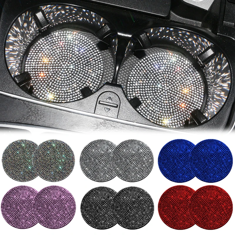 Cup Holder Coasters Car Coaster Pads 1/2Pcs Shining Diamond Car Coaster Water Cup Slot Non-Slip Mat Silica Pad Cup Holder Mat Car Gadget Bling Accessories