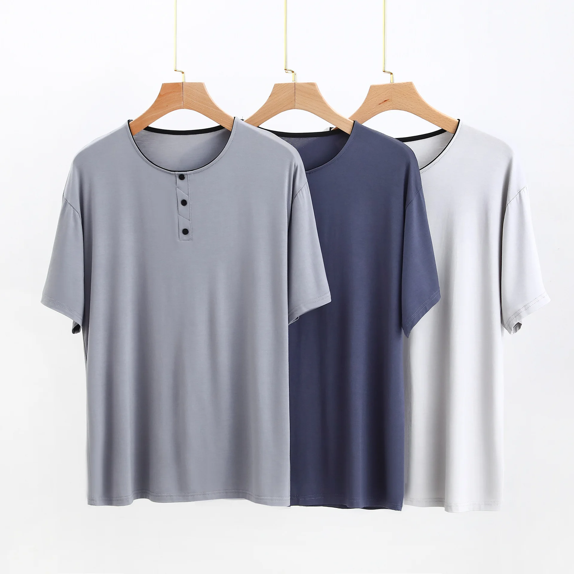

Modal Pajamas Men's Round Neck Up Button Short Sleeve Simple Fashion One-Piece Casual T-shirt Clothes for Men Sleepwear