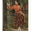 Women's Spring Autumn Vintage Plaid Long Skirts Sweater Two-Piece Set French Lady Graceful Knit Pullover High Waist Skirt Outfit 4