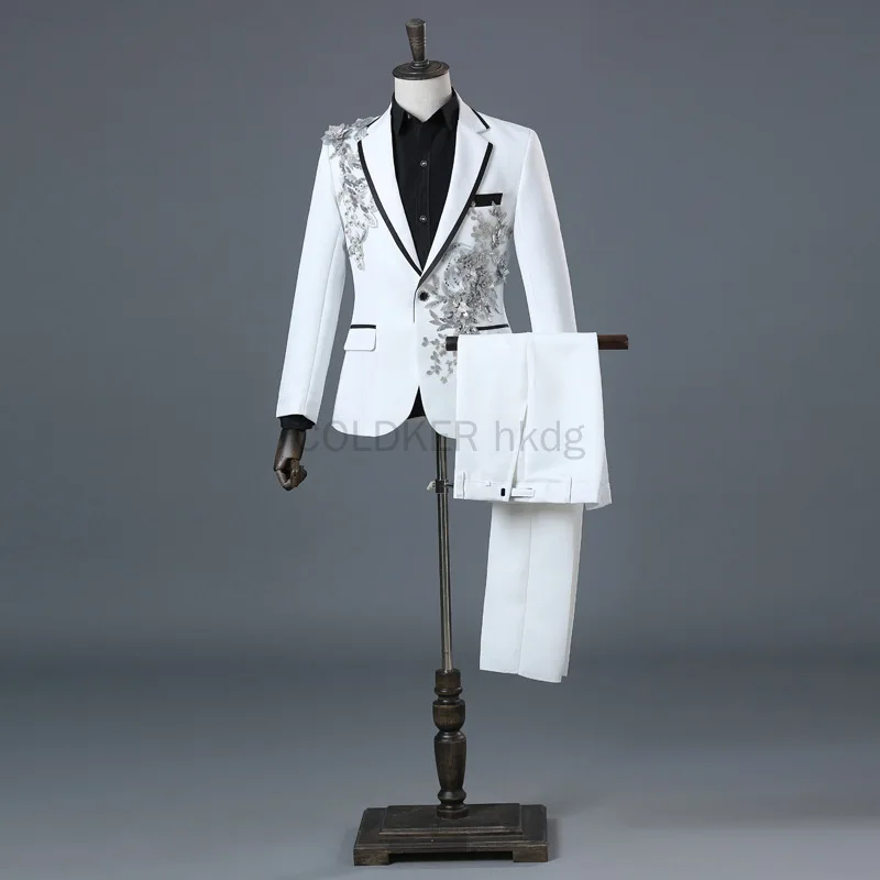 Mens Suit COLDKER Elegant Appliqued Slim Fit 2 Piece Formal Tuxedo Blazer Pants with Bow Tie for Wedding Prom