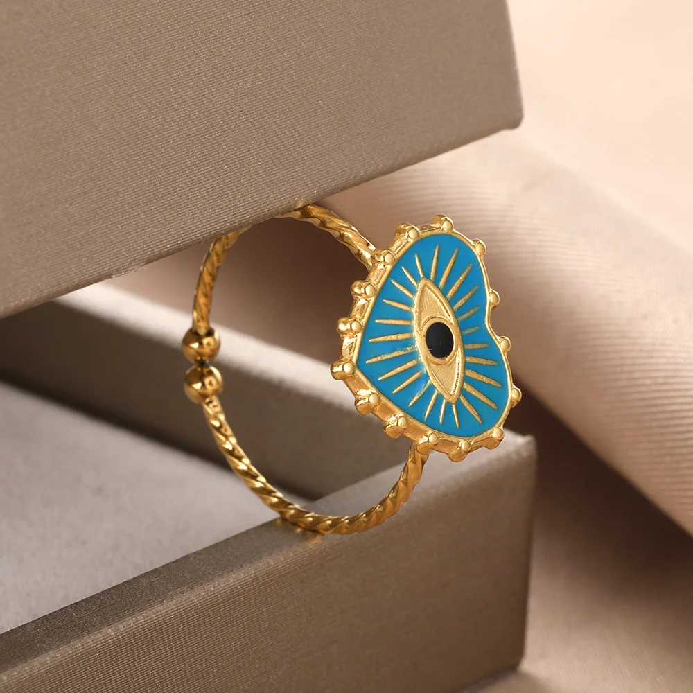 Turkish Evil Eye Rings Stainless Steel Heart Adjustable Ring For Women