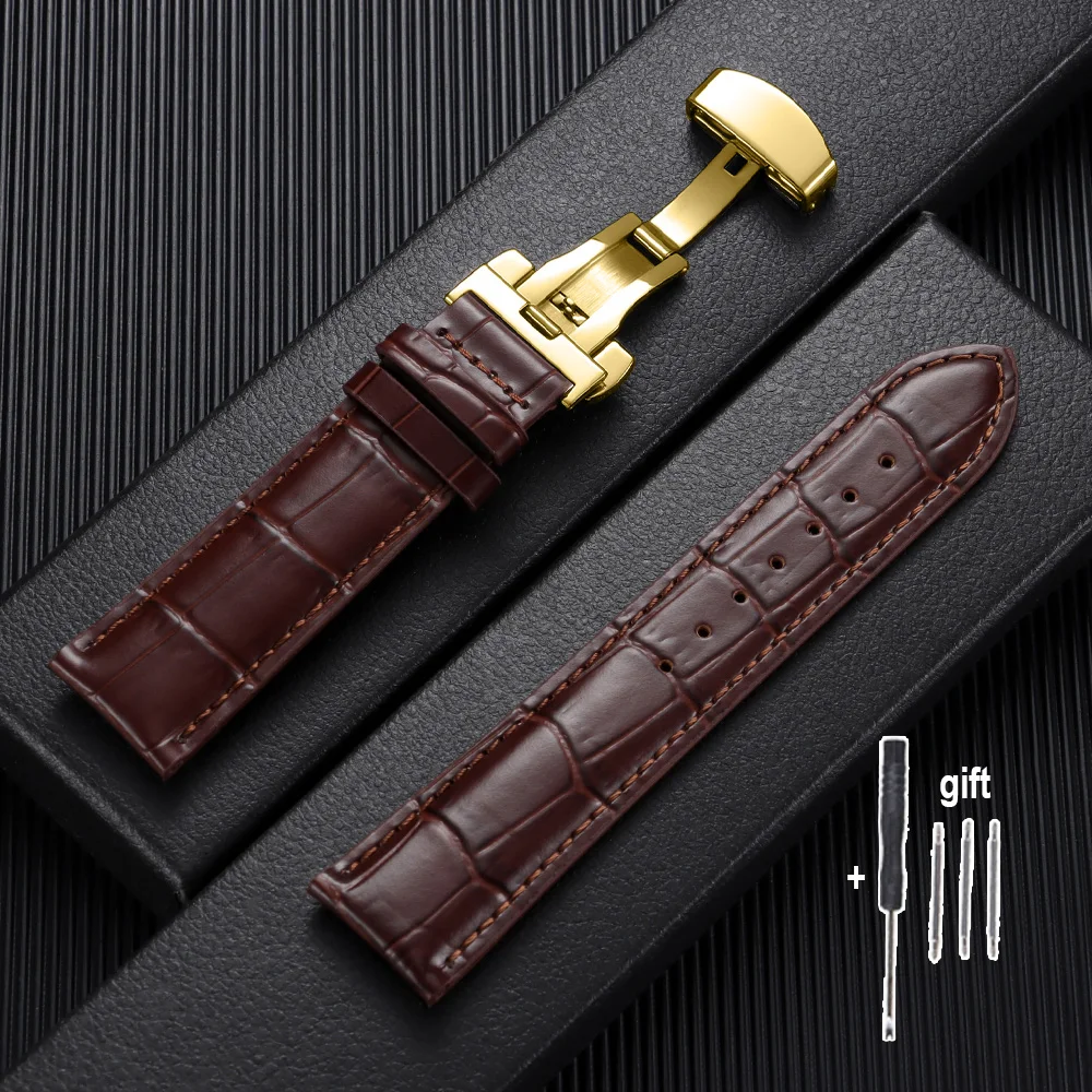 Men's Two-Tone Brown and Black Leather Watch Strap with Butterfly Clasp