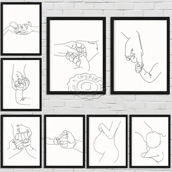 가족 포스터 추상 선 그리기 캔버스 인쇄 아기 손 벽 예술 그림 북유럽 그림 홈 장식